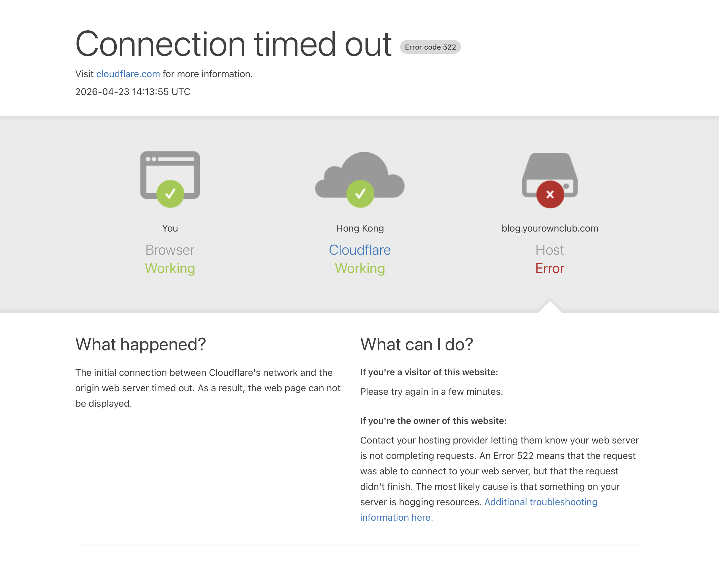 Cloudflare Error 522：blog.yourownclub.com 連線逾時